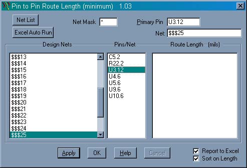 Figure 3.  Pin2Pin Route Length program dialog set to analyze net $$$25 using a 